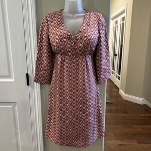 Boden Silk Floral Empire Waist V-Neck 3/4 Sleeve Dress Geometric Whimsical Sz 4